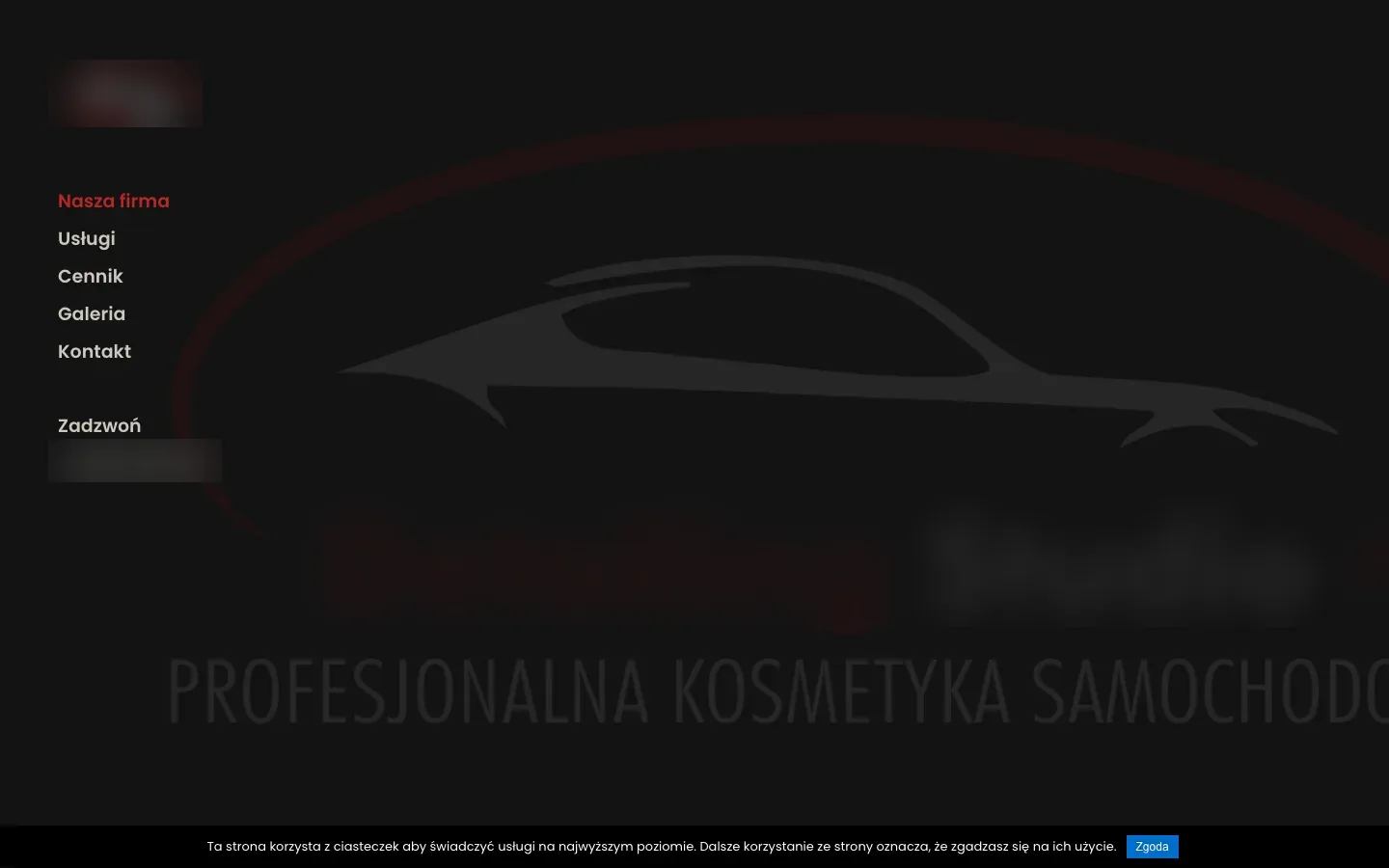 Dotychczasowa strona studia na komputerze: ciemny ekran z menu i uciętym napisem, dane firmy rozmyte
