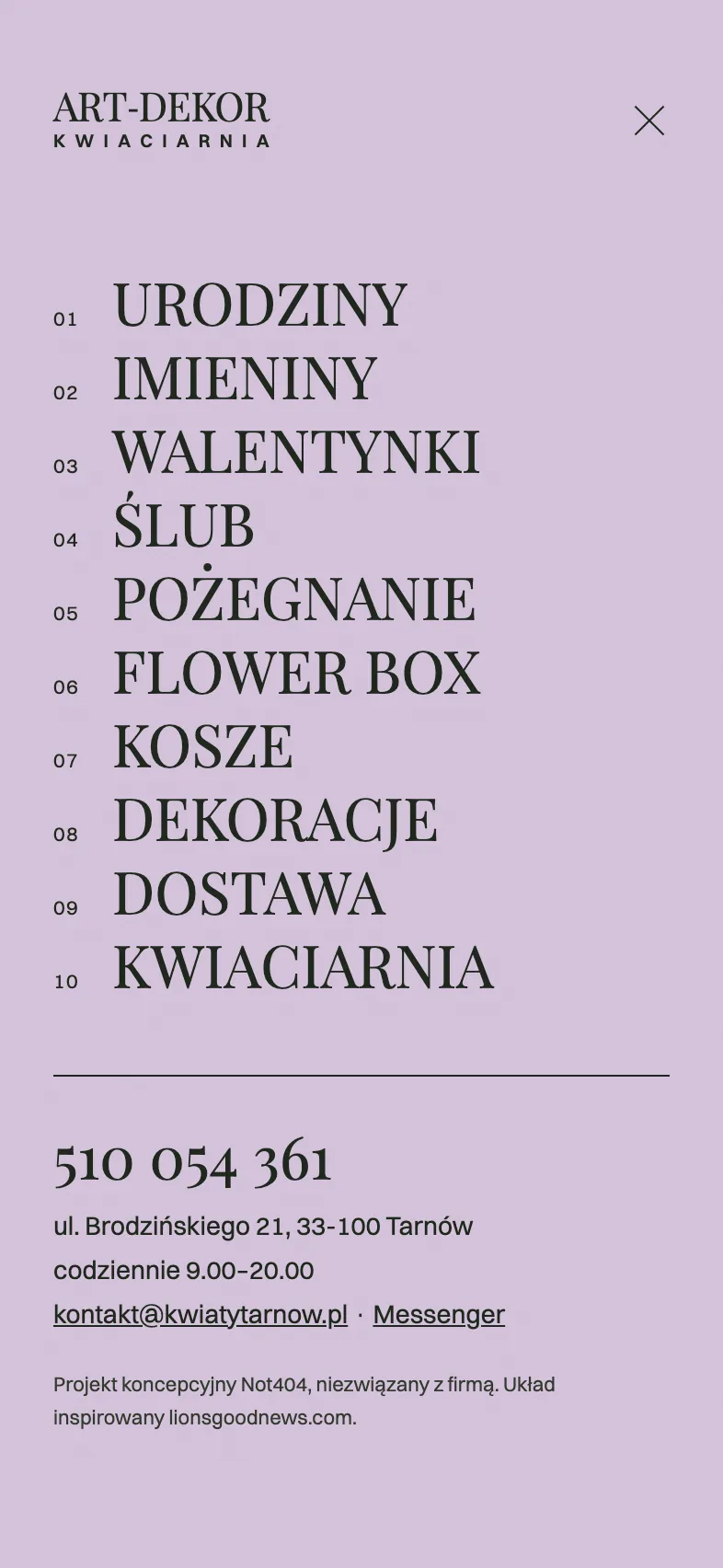 Otwarte menu przy okazji Flower box: lista dziesięciu okazji, numer telefonu, adres i godziny
