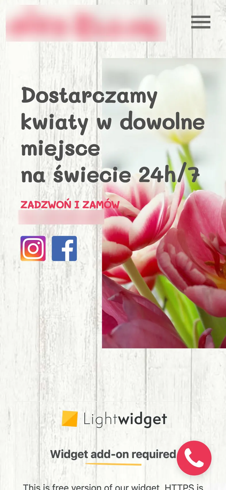 Dotychczasowa strona kwiaciarni, pierwszy ekran: hasło o dostawie na zdjęciu tulipanów i komunikat wtyczki, dane firmy rozmyte