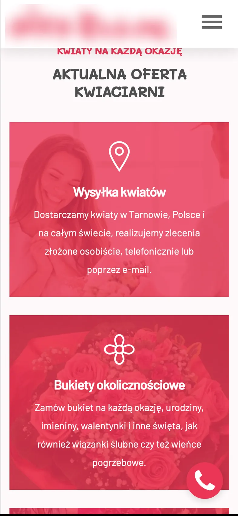 Dotychczasowa oferta: kafle usług z tekstem na różowej nakładce