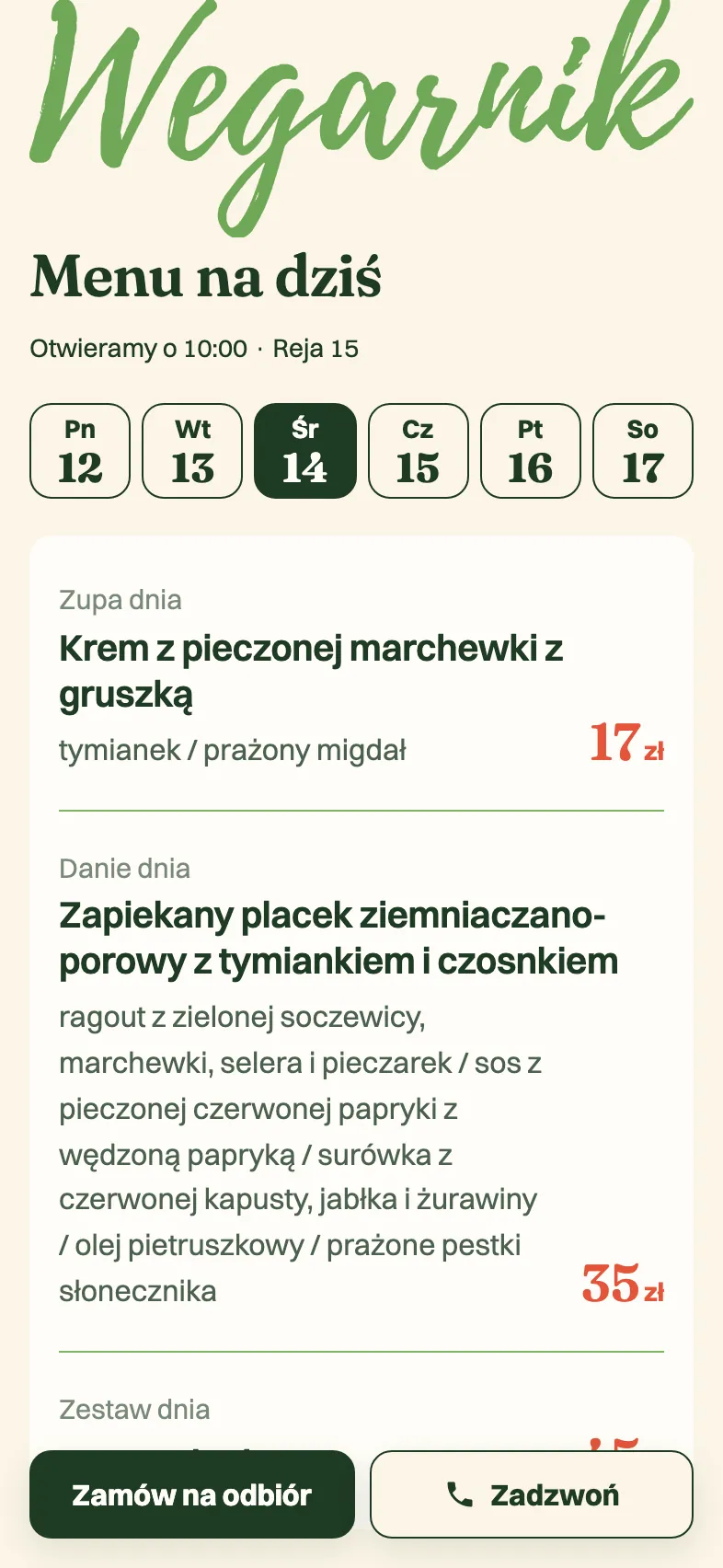 Nowa strona baru: menu na dziś z dniami tygodnia i cenami, przyciski Zamów na odbiór i Zadzwoń